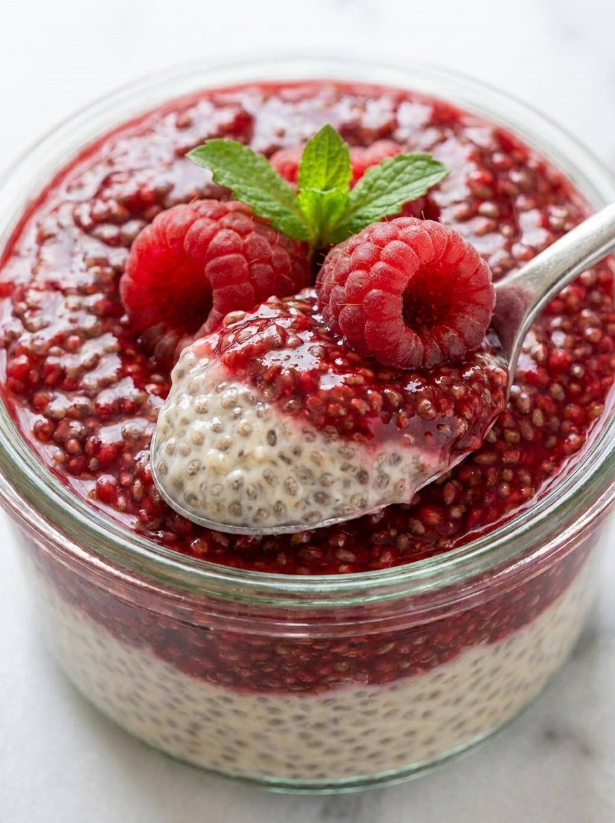 Spoon lifting layered raspberry and coconut chia pudding from a glass jar
