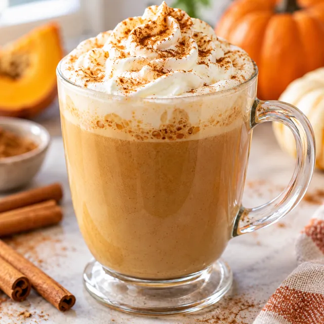 Pumpkin spice latte z bitą śmietaną i cynamonem w jasnym kubku
