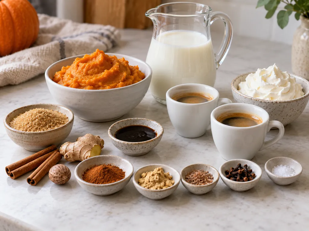 Składniki na pumpkin spice latte z puree dyniowym, kawą i przyprawami