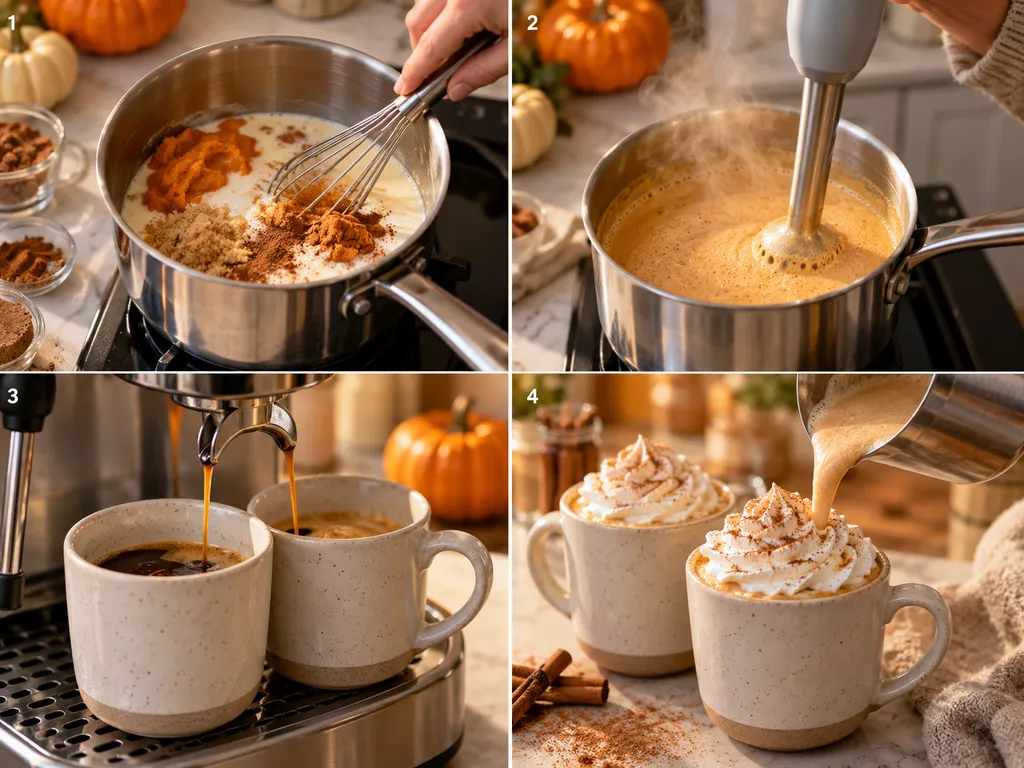 Cztery etapy przygotowania pumpkin spice latte w domowej kuchni