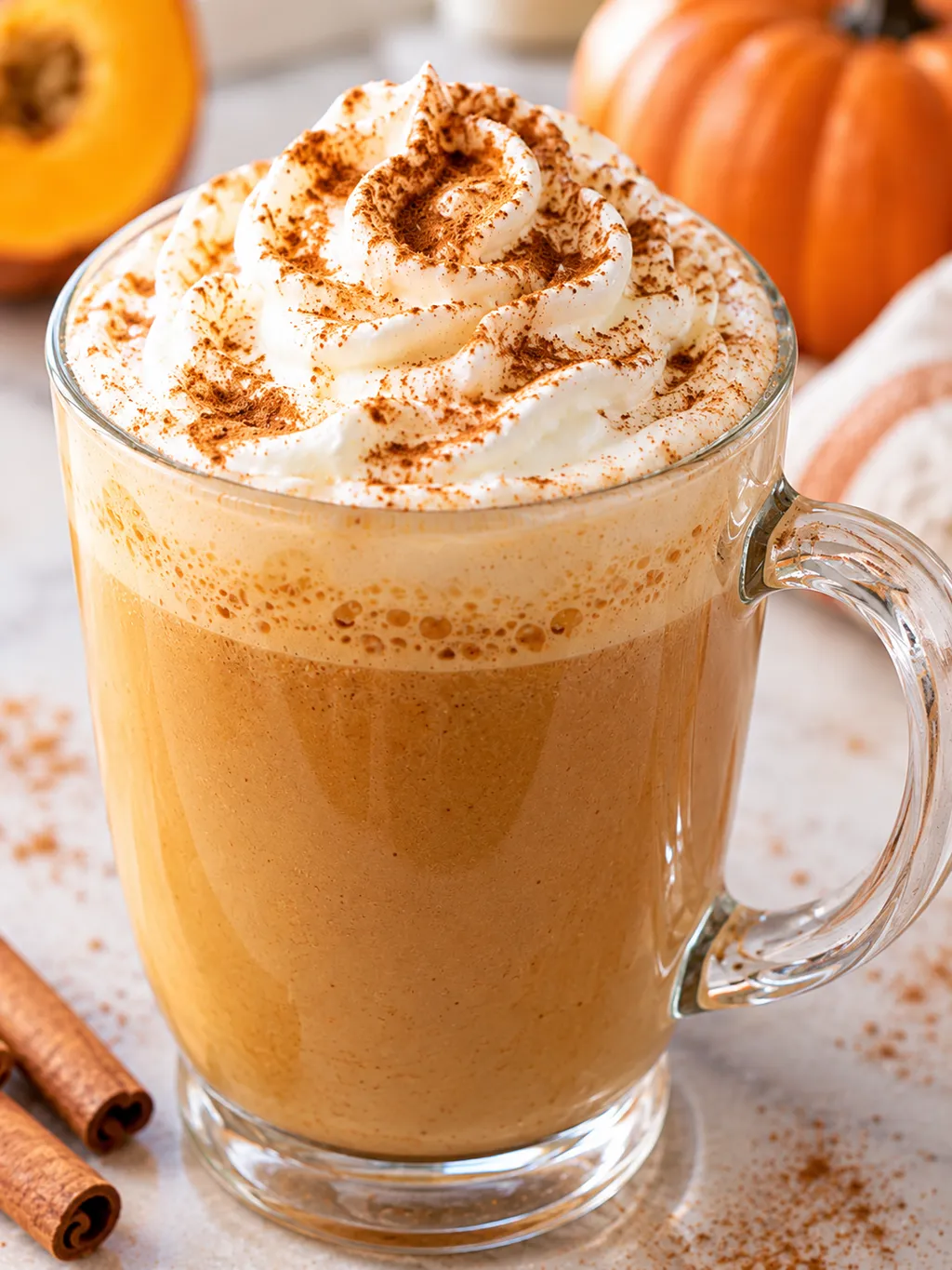 Pumpkin spice latte z pianką, bitą śmietaną i cynamonem