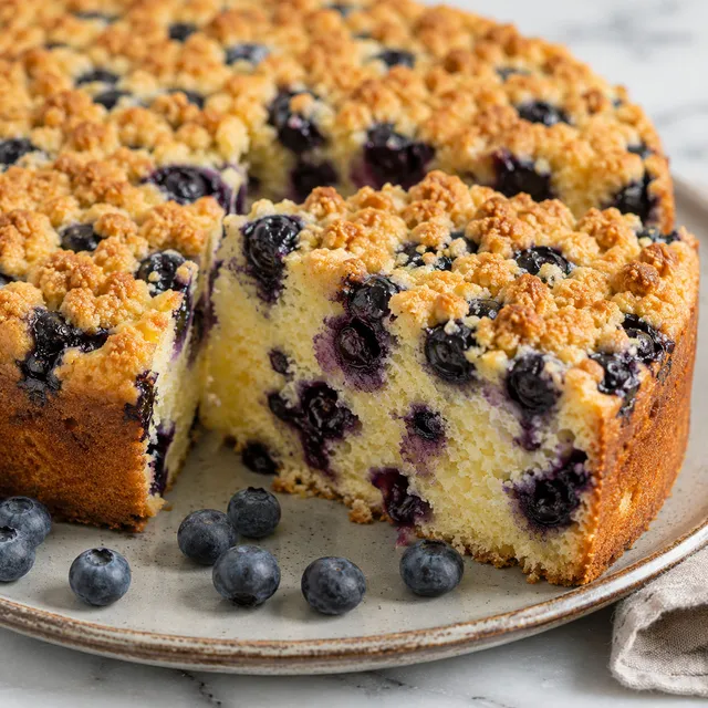 Slice of fluffy blueberry crumble cake with golden streusel topping