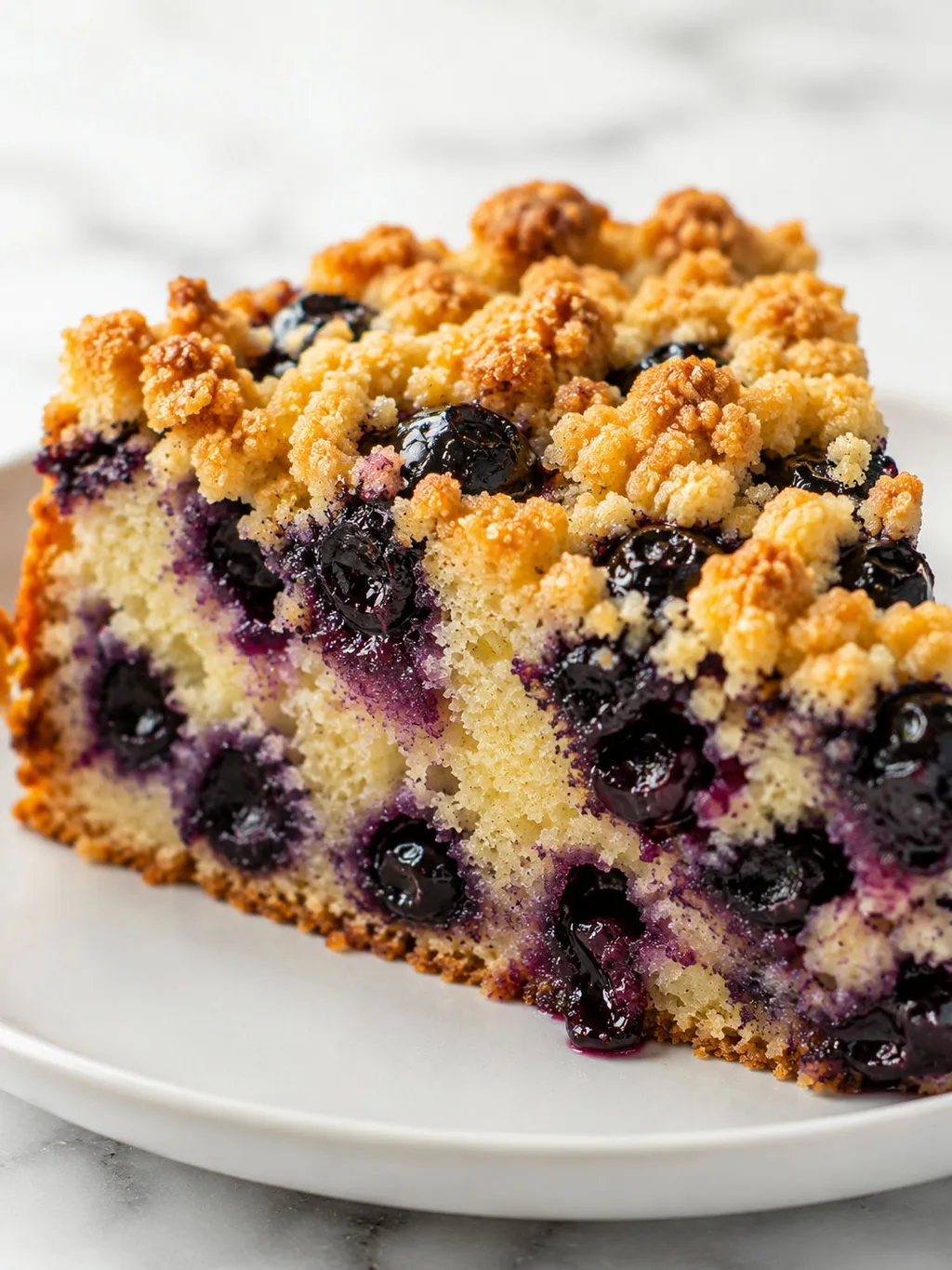 Close-up slice of blueberry crumble cake with golden streusel and juicy berries