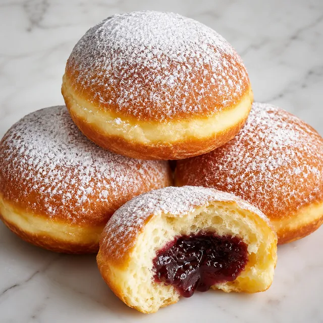 Powdered sugar dusted Polish paczki filled with plum jam, one split open