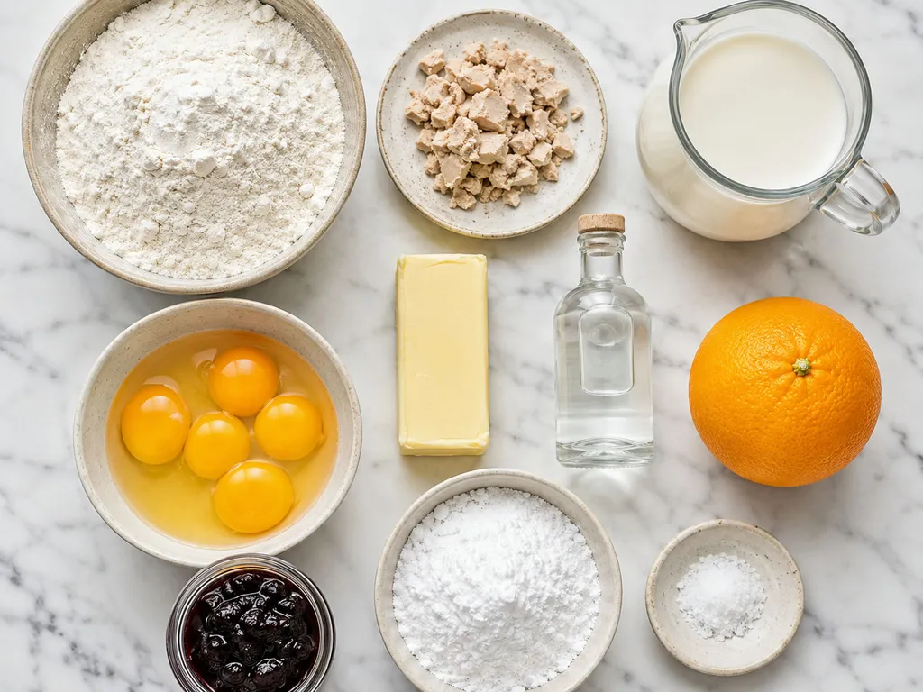 Raw ingredients for Polish paczki including flour, yeast, egg yolks, butter and plum jam