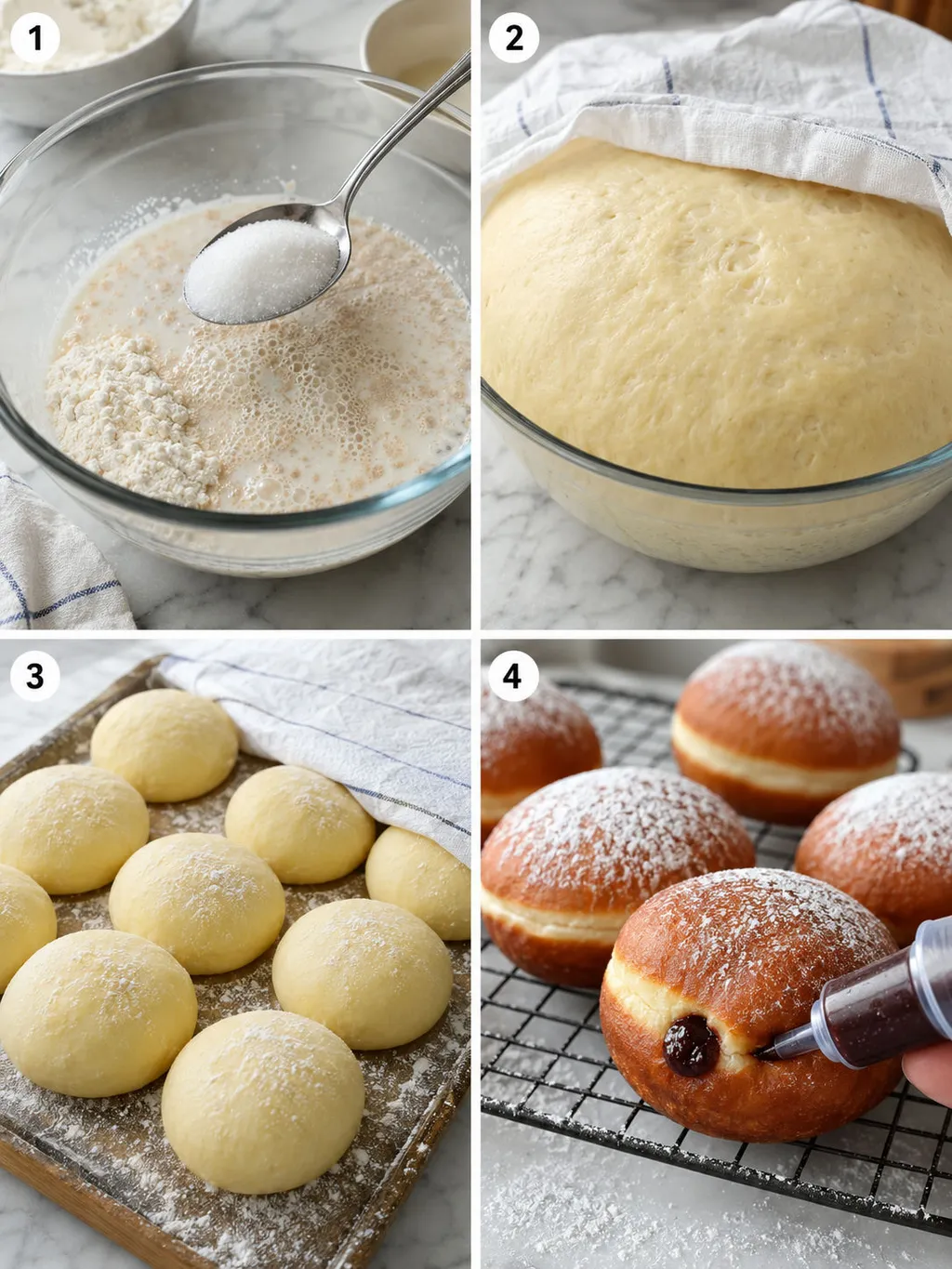 Four steps of making Polish paczki from kneading dough to filling with plum jam