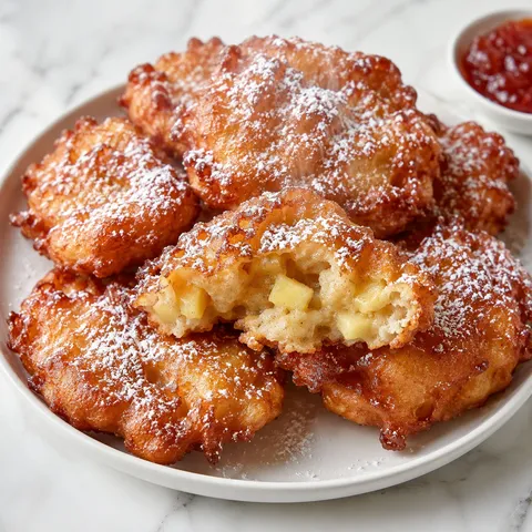 Stack of golden racuchy pancakes with apple pieces dusted with powdered sugar