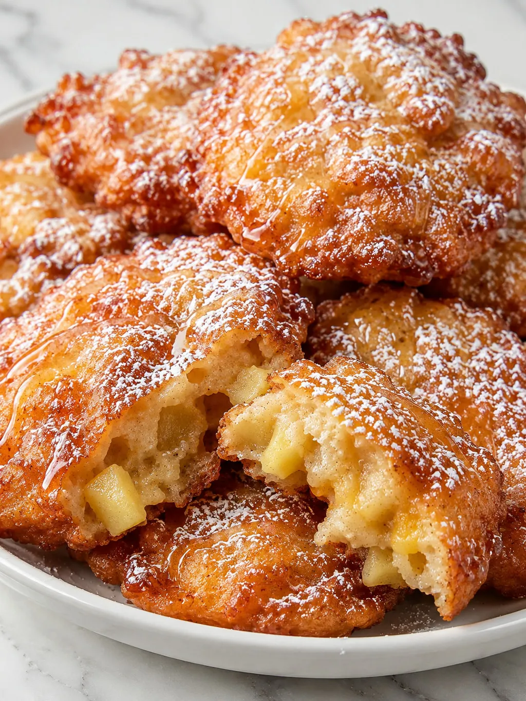 Golden racuchy pancake torn open showing apple pieces and dusted with powdered sugar