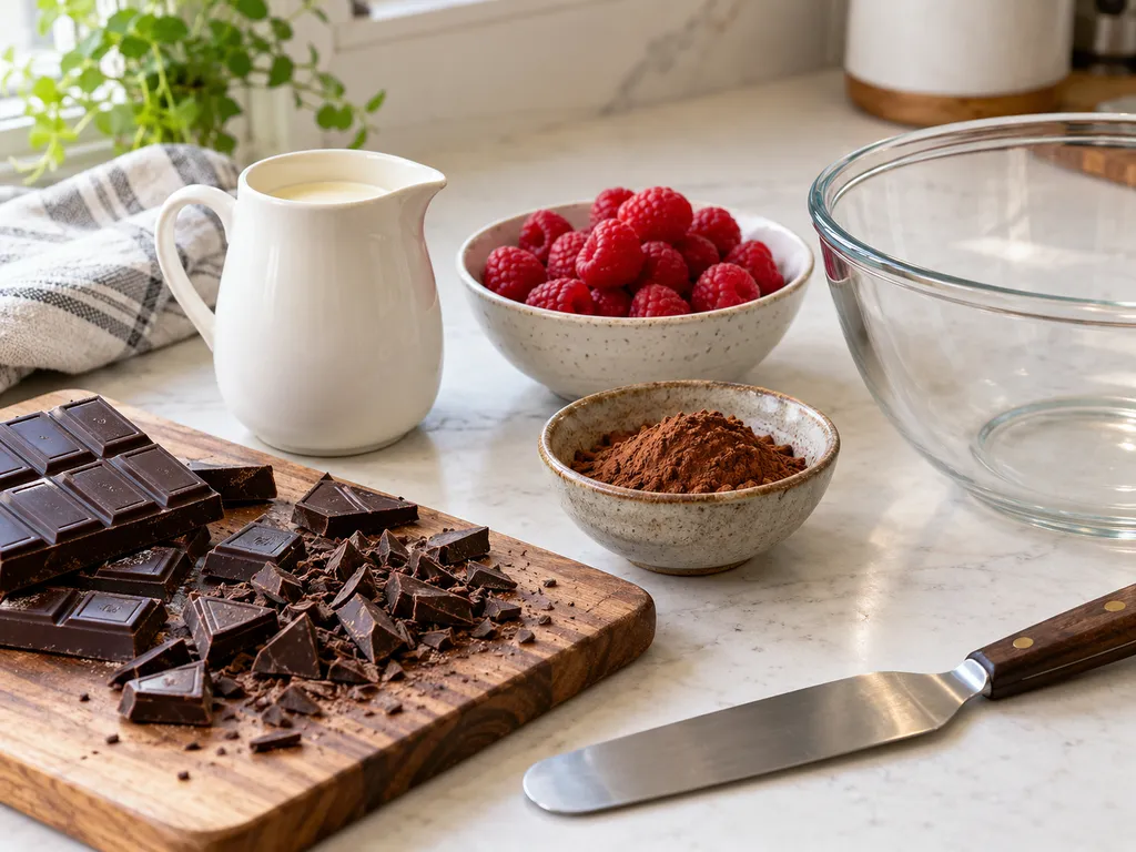 Składniki na deser ganache z czekoladą, śmietanką, malinami i kakao