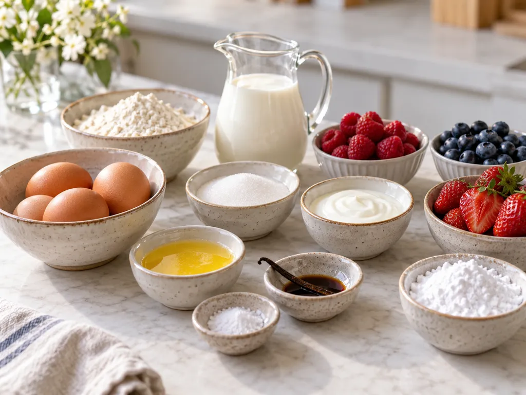 Składniki na słodki omlet z jajkami, mąką, mlekiem i owocami