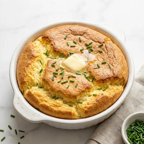 Puszysty omlet z piekarnika w białym ceramicznym naczyniu ze szczypiorkiem