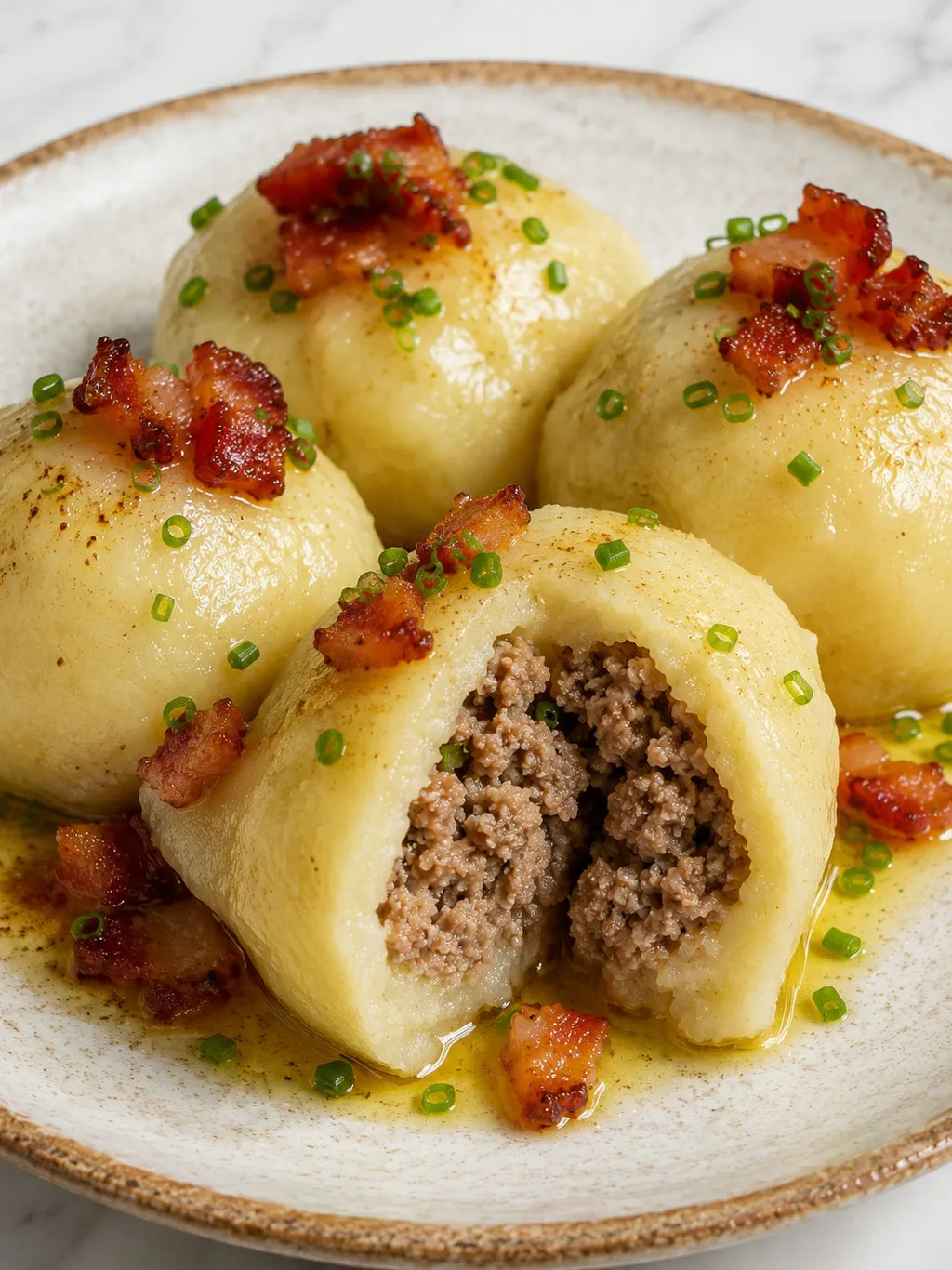 Polish potato dumpling cut open to reveal seasoned meat filling with melted butter