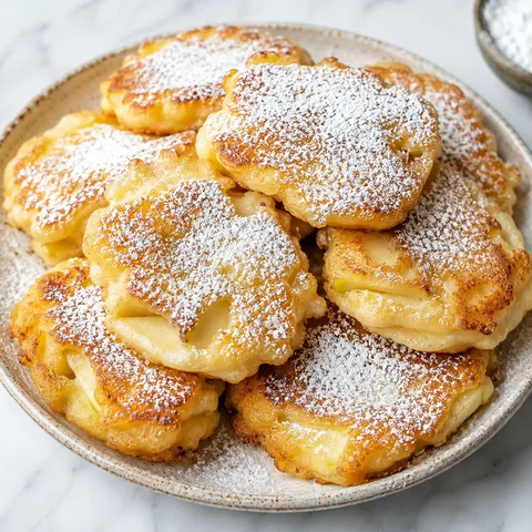 Golden Polish racuchy yeast pancakes with apple slices dusted with powdered sugar