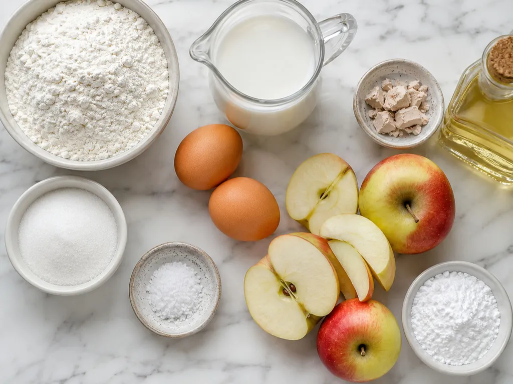 Flour, milk, yeast, eggs, apples and sugar for Polish racuchy pancakes