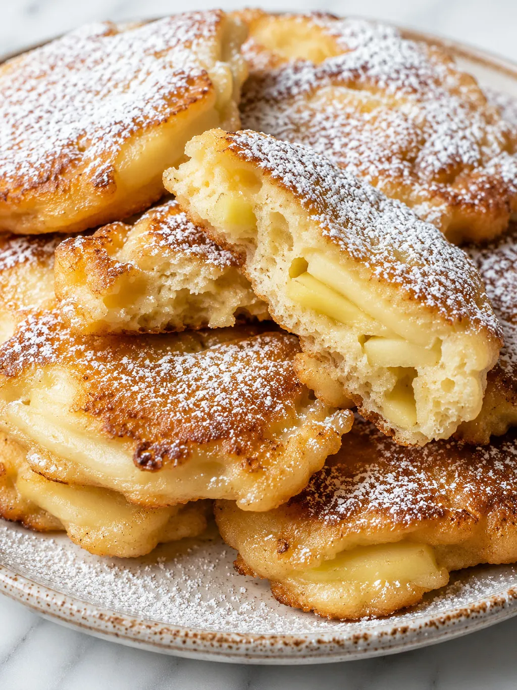 Stack of golden Polish racuchy pancakes with apple slices and powdered sugar