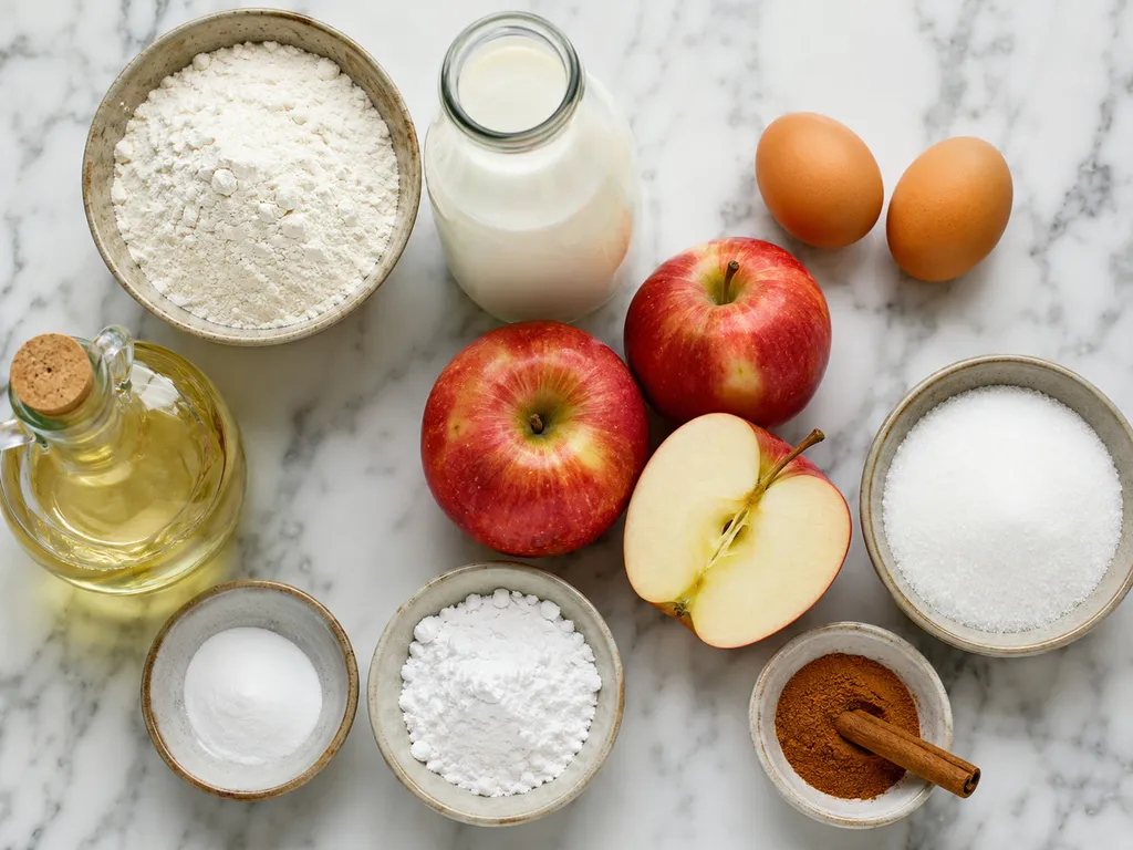 Raw ingredients for apple racuchy including apples, buttermilk, flour and cinnamon