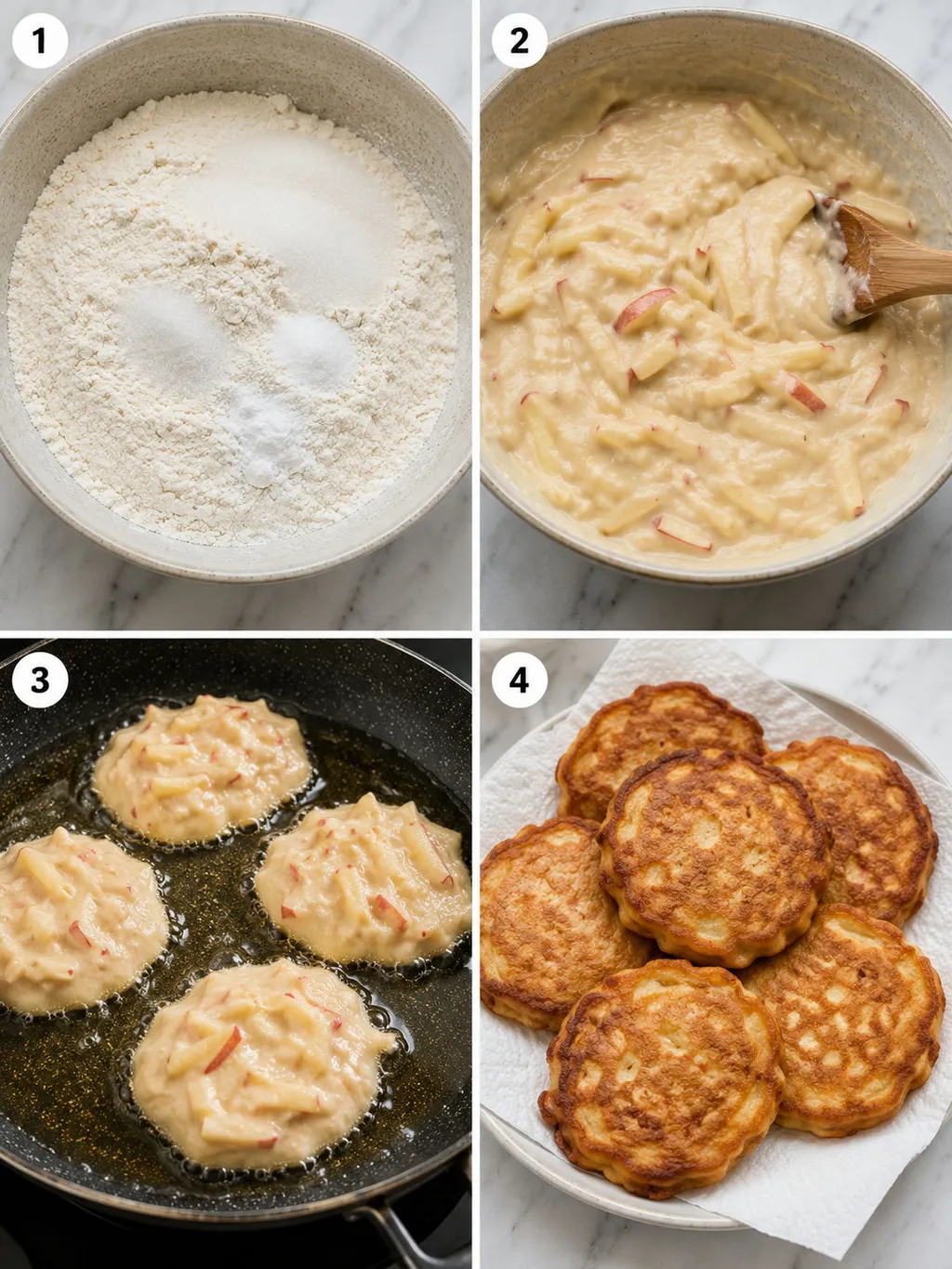 Four steps of making apple racuchy pancakes from batter to frying to plating