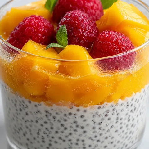 Chia mango dessert cup with raspberries and mint