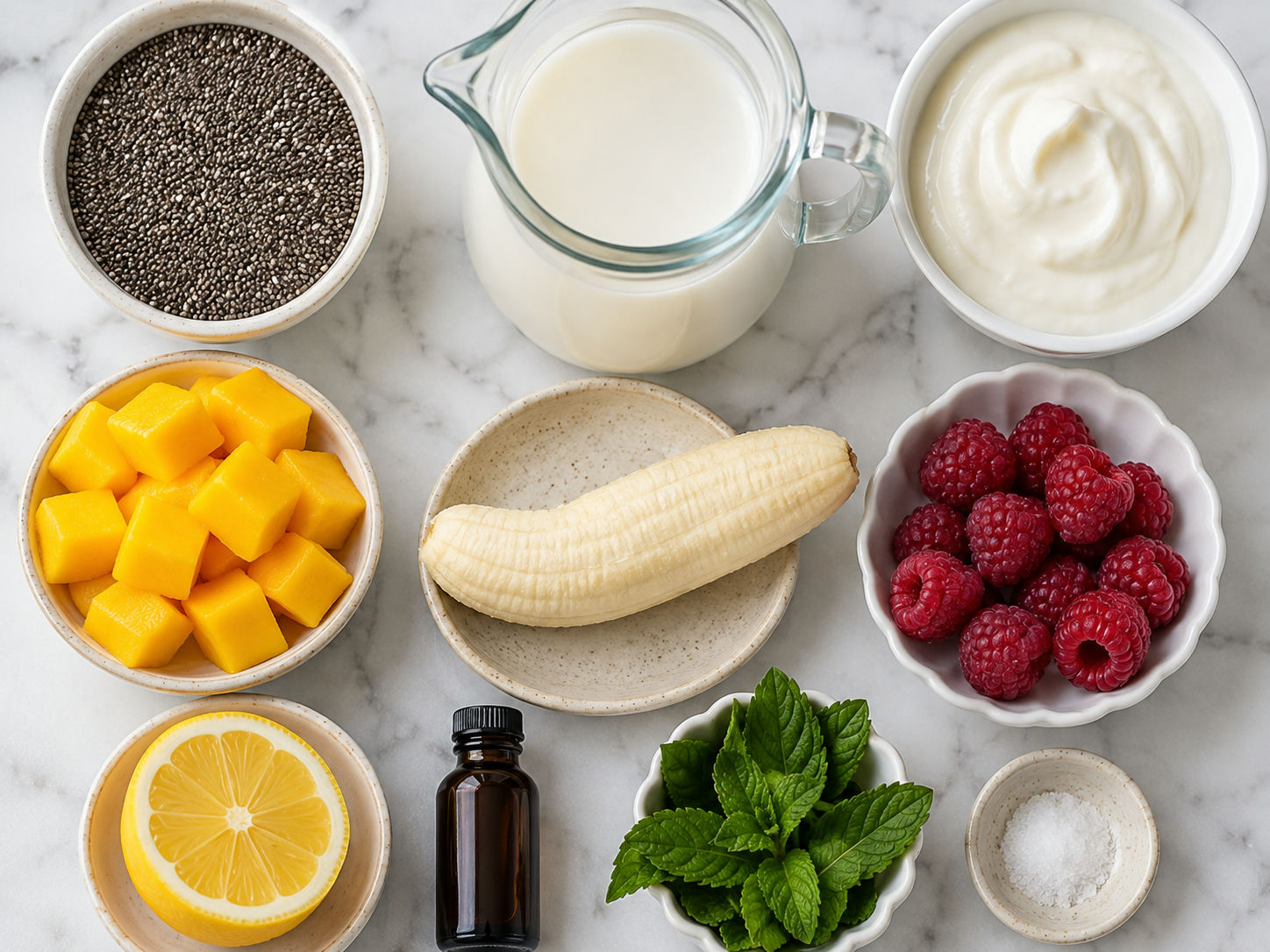 Ingredients for chia mango dessert cups on a wooden surface
