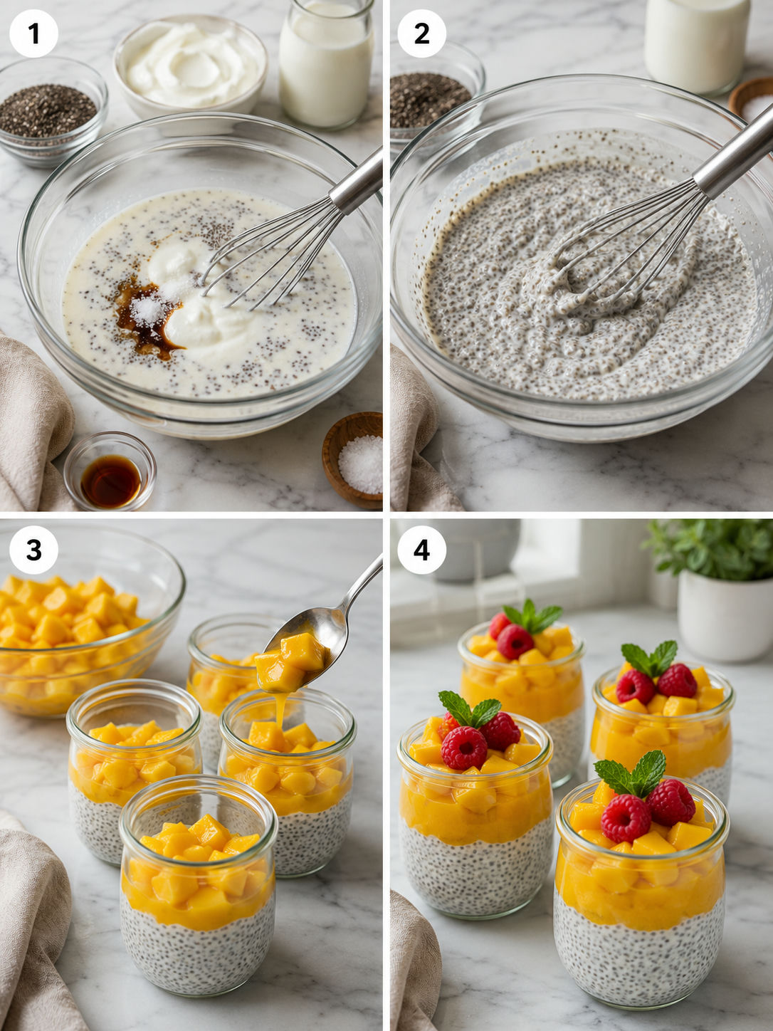 Four steps for making chia mango dessert cups