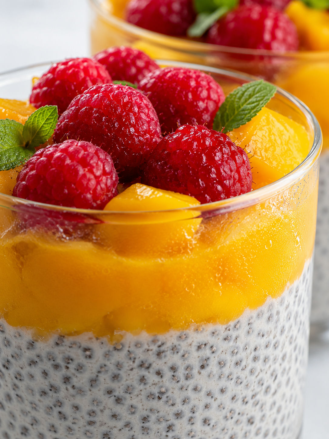 Chia mango dessert cup topped with raspberries and mint