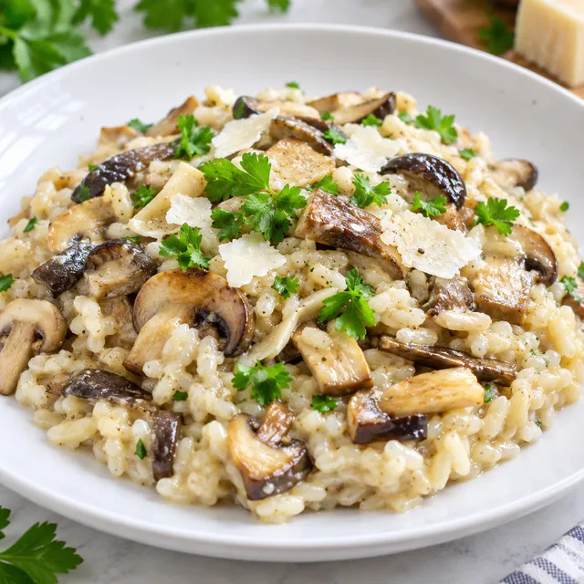Kremowe risotto z grzybami, natką i parmezanem na białym talerzu