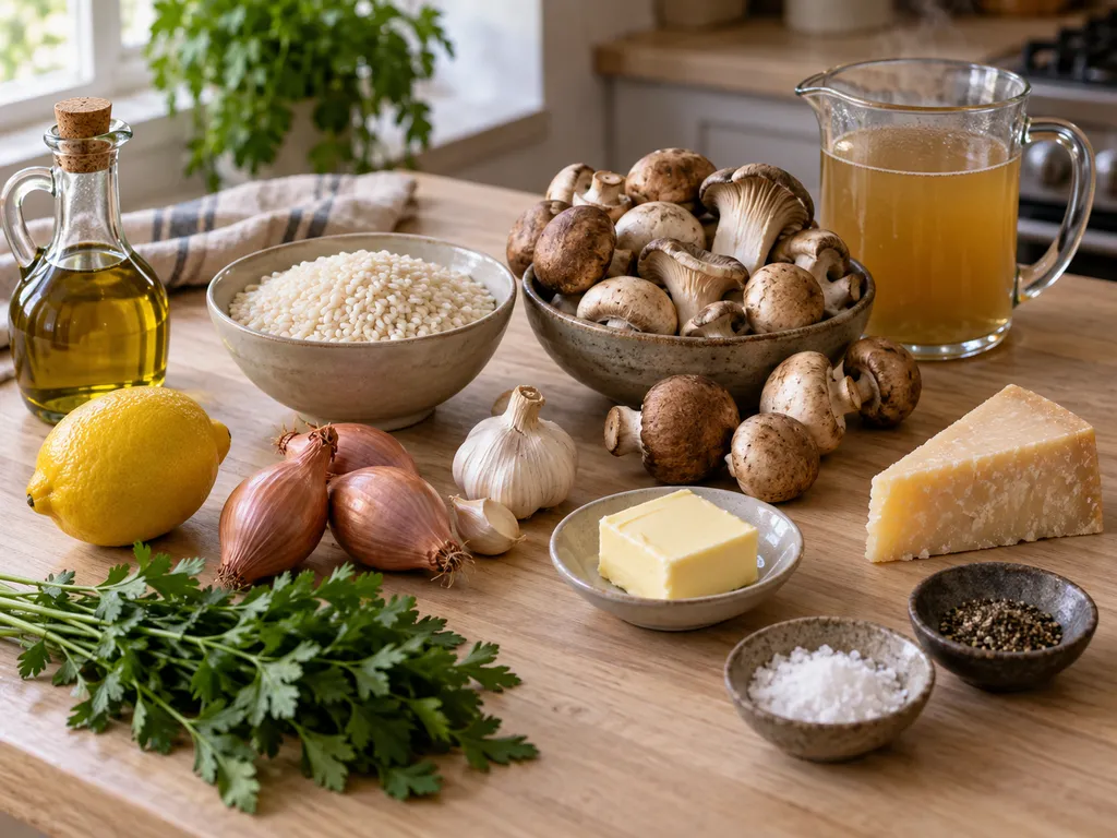 Składniki na risotto z grzybami z ryżem, grzybami i parmezanem