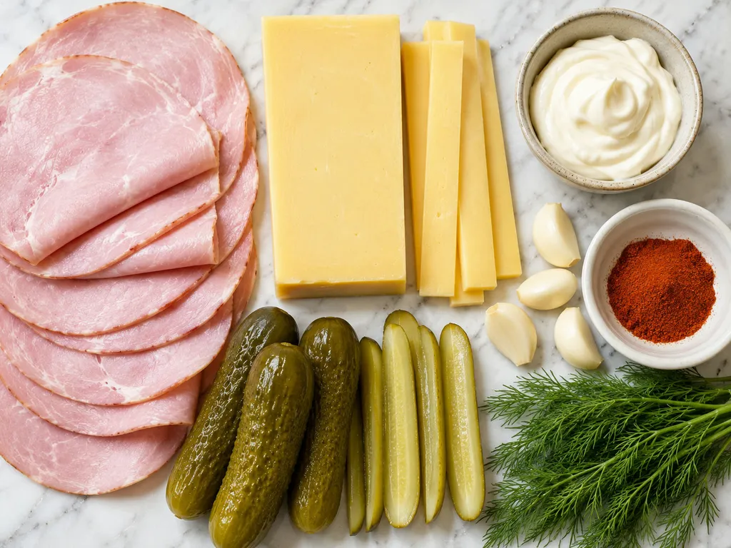 Raw ham slices, yellow cheese, pickled cucumbers and mayonnaise on a wooden board