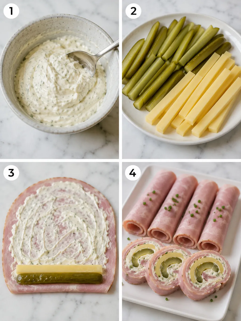 Four steps of rolling ham slices with cheese and pickle filling