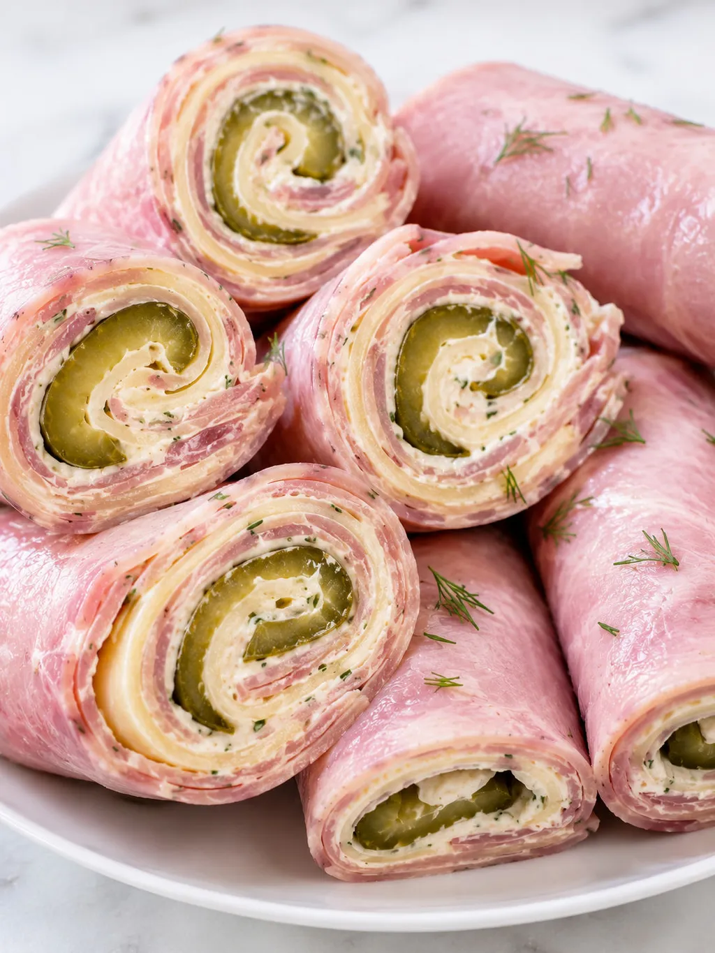 Stacked ham and cheese rollups sliced open showing a pink and yellow spiral