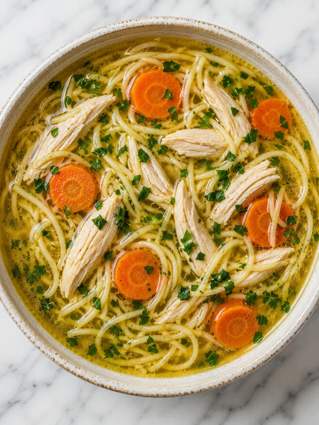 Top-down bowl of golden Polish rosół with thin noodles and fresh parsley