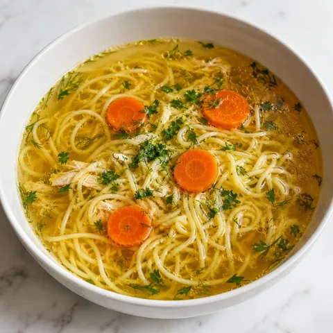 Golden Polish chicken broth with thin noodles, carrot slices and fresh dill in a white bowl