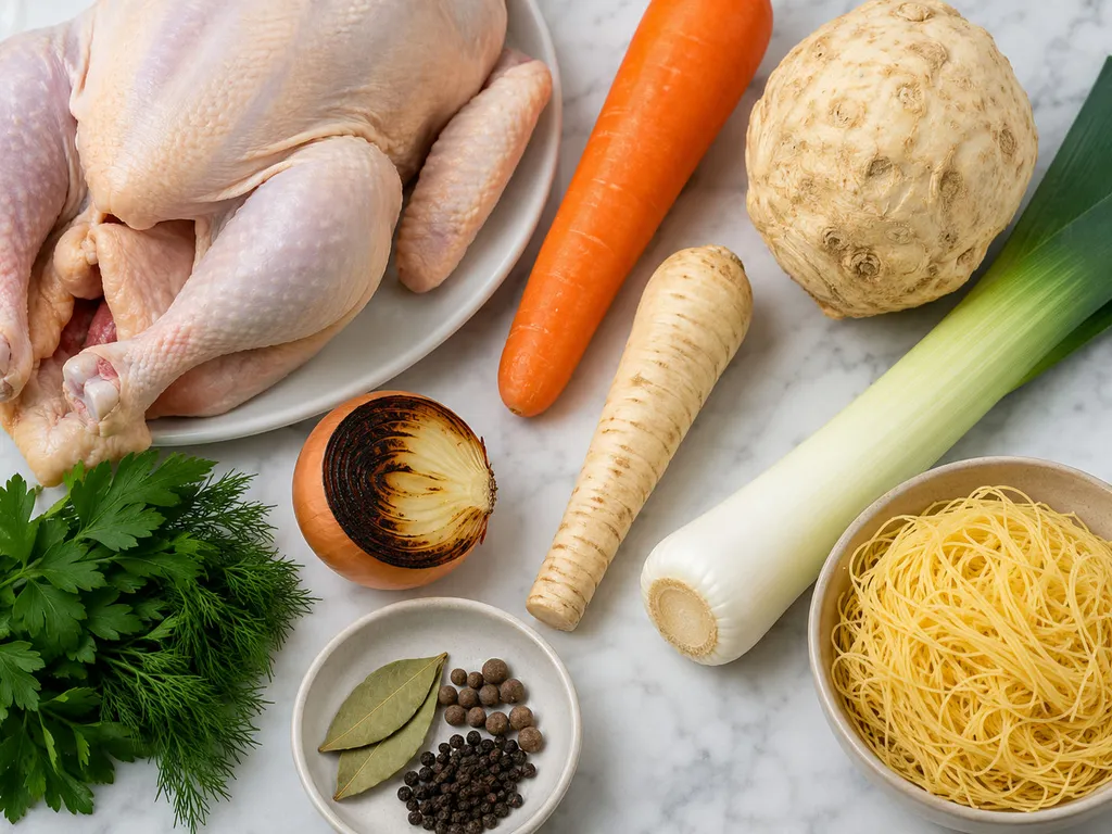 Raw chicken, carrots, celery root, leek, charred onion and thin noodles for rosół