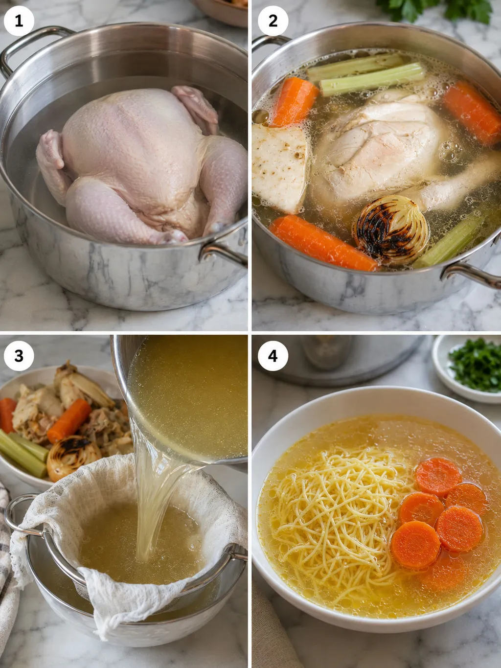 Four steps of making rosół from simmering chicken to straining the golden broth