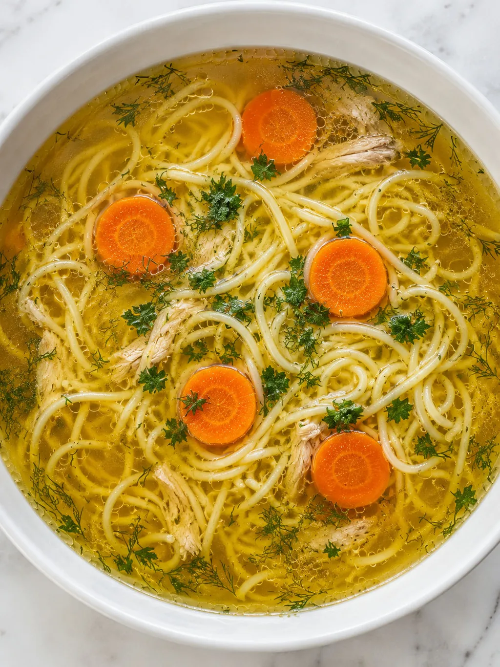 Top-down bowl of golden rosół broth with thin noodles, carrots and fresh dill