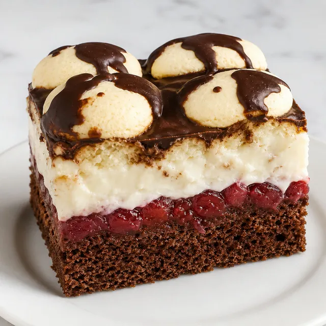 Rubinella cake slice with cocoa sponge, cherry layer and milk cream