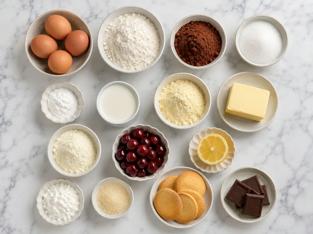 Ingredients for Rubinella cake with cherries, cocoa, milk cream and biscuits