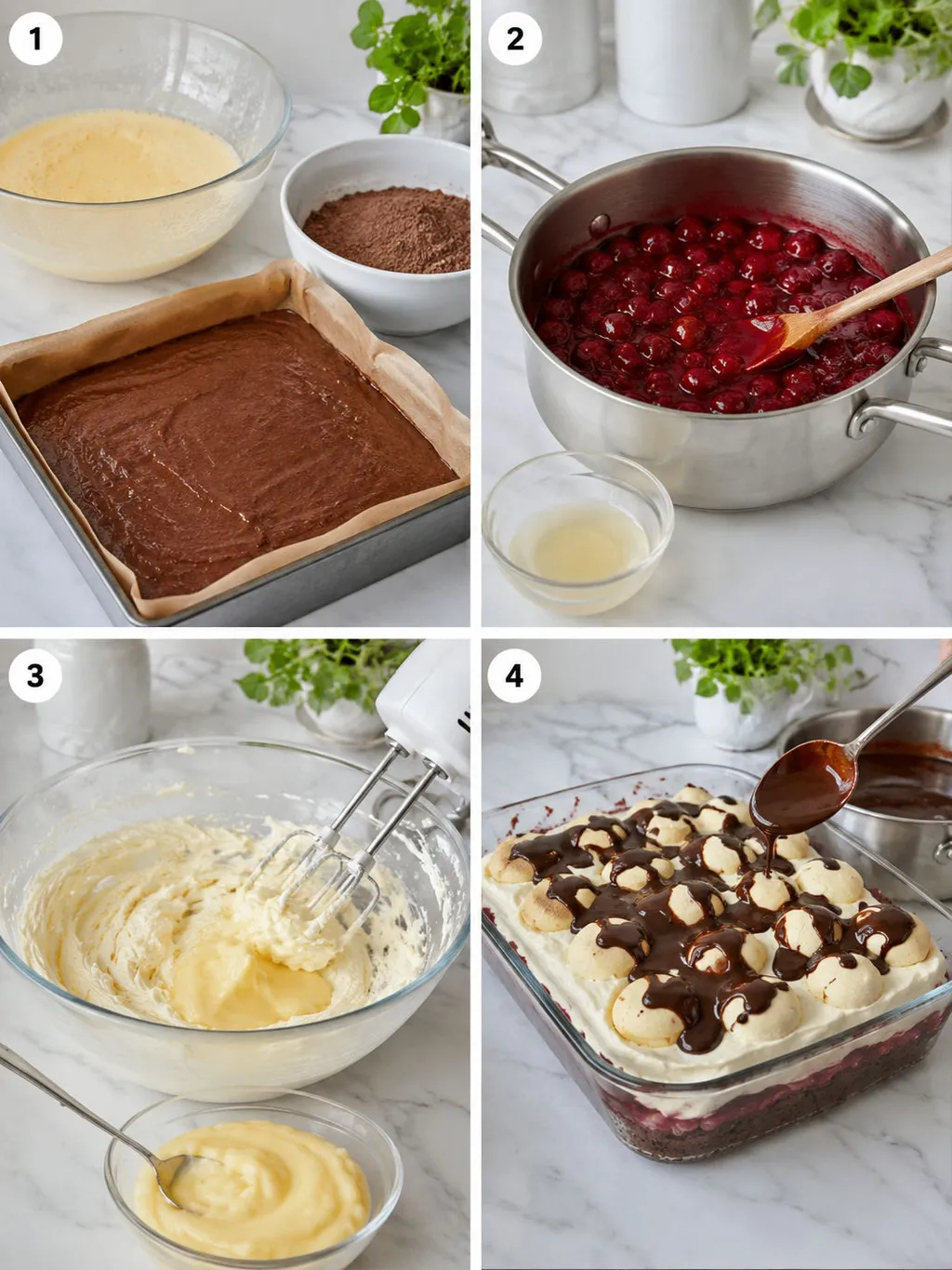 Four steps of making Rubinella cake from sponge to chocolate drizzle