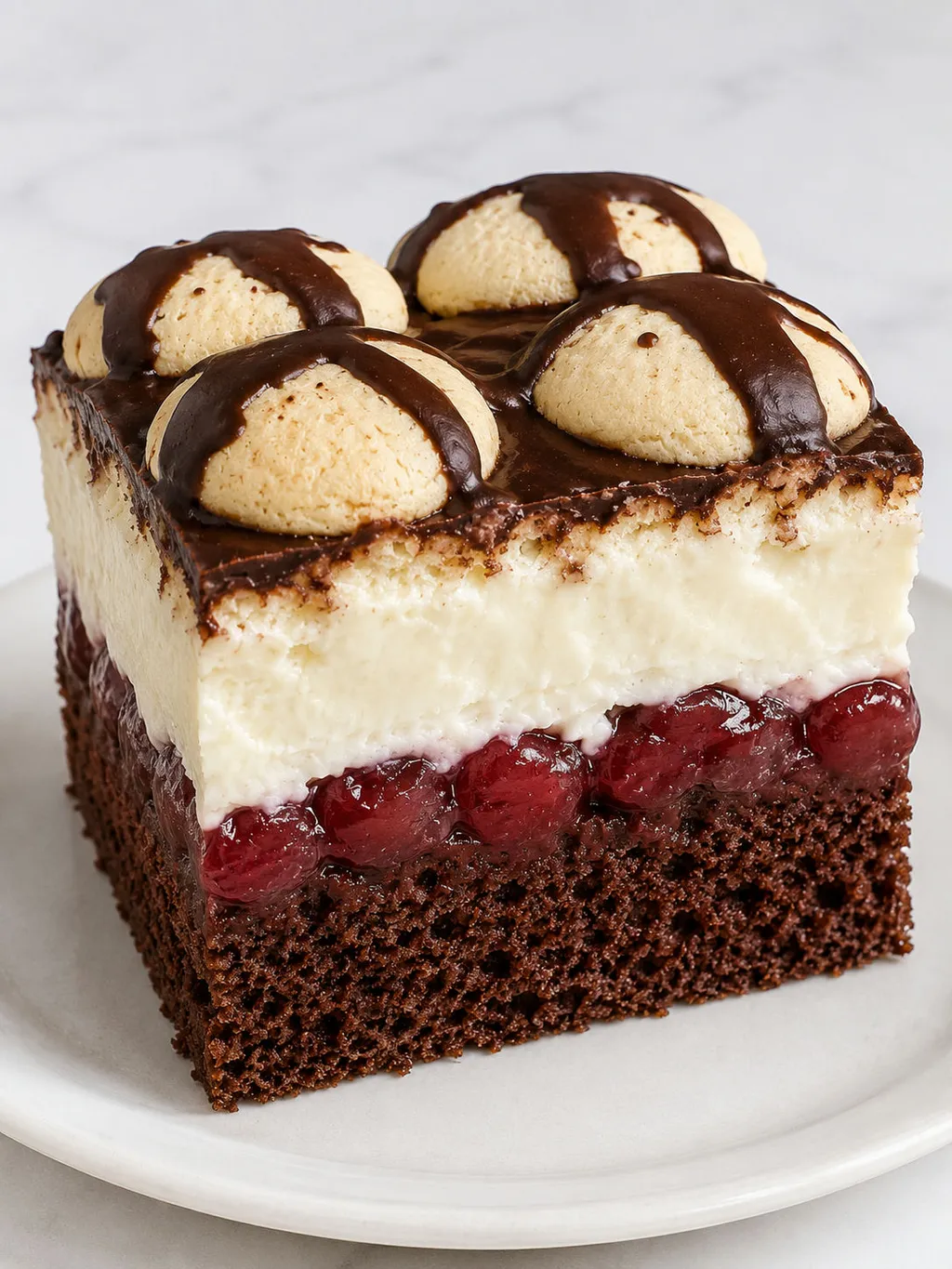 Tall Rubinella cake slice with cherry frużelina, cream and chocolate drizzle