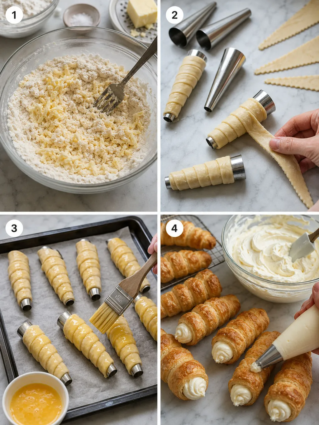 Four steps of making crispy cream horn pastries from wrapping dough to piping vanilla cream