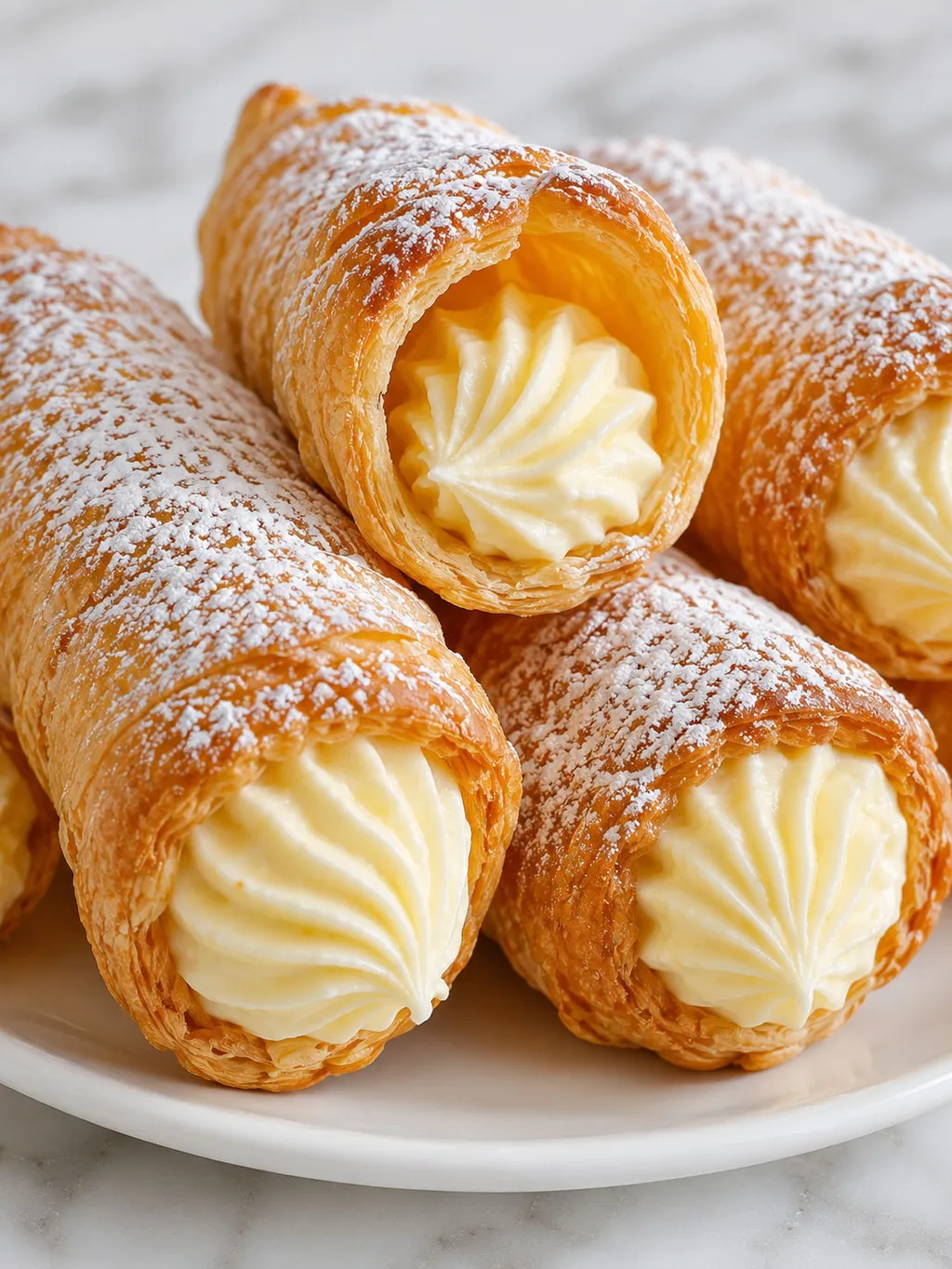 Close view of a crispy pastry horn cut open to show thick vanilla cream filling