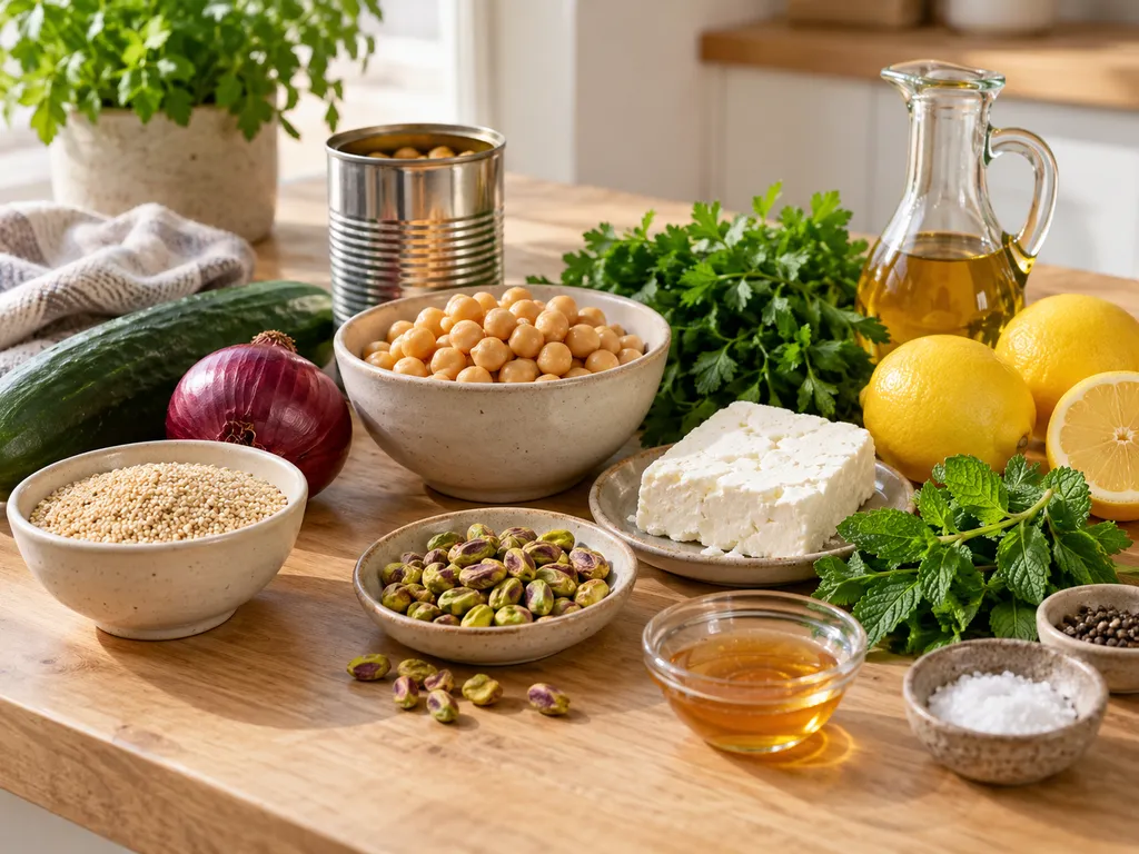 Składniki na sałatkę z quinoa, ciecierzycą, fetą i pistacjami