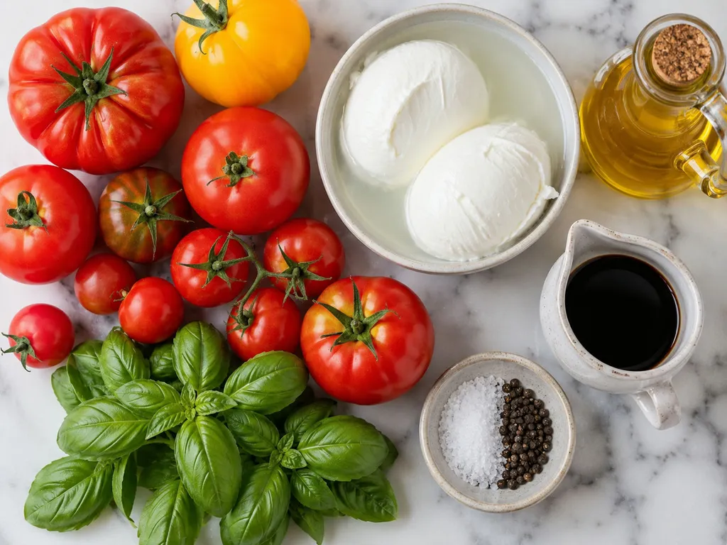 Świeże pomidory, mozzarella, bazylia, oliwa i balsamico przygotowane do sałatki caprese