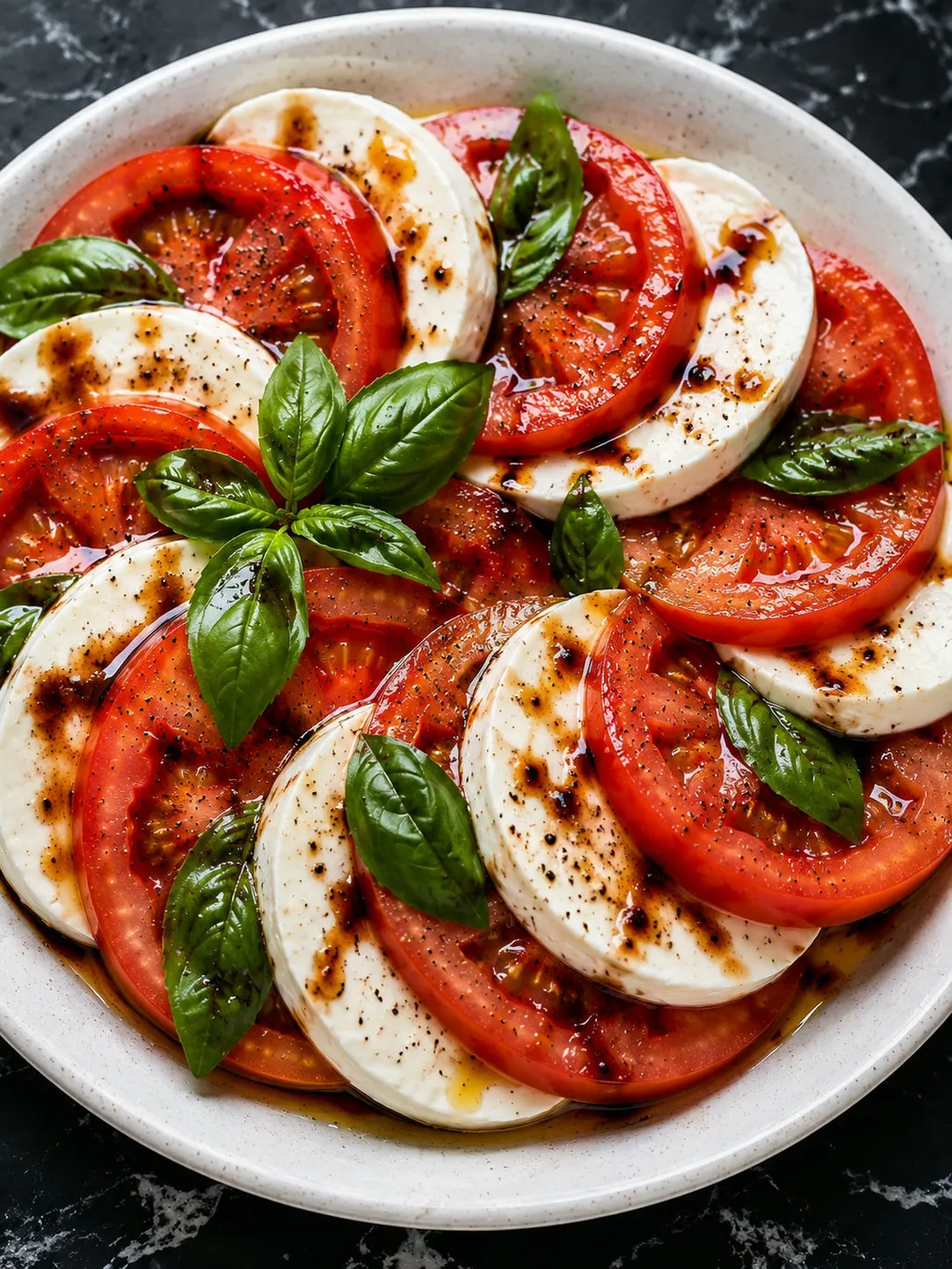 Kolorowa sałatka caprese z pomidorami, mozzarellą i bazylią widziana z góry
