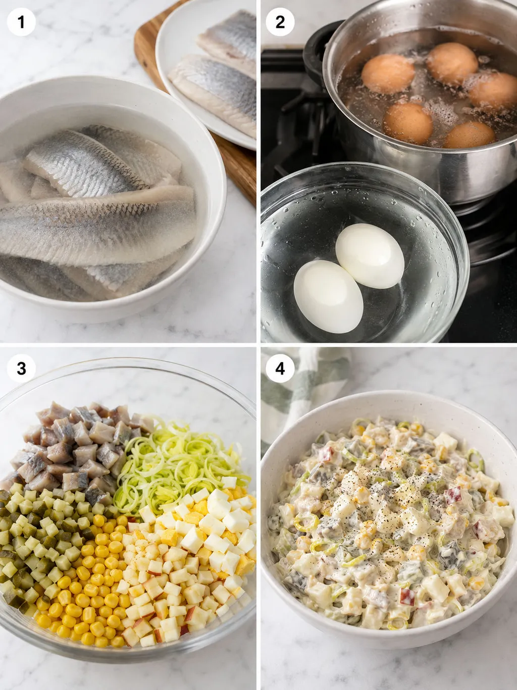 Four steps of making Polish herring salad from chopping to mixing with mayonnaise