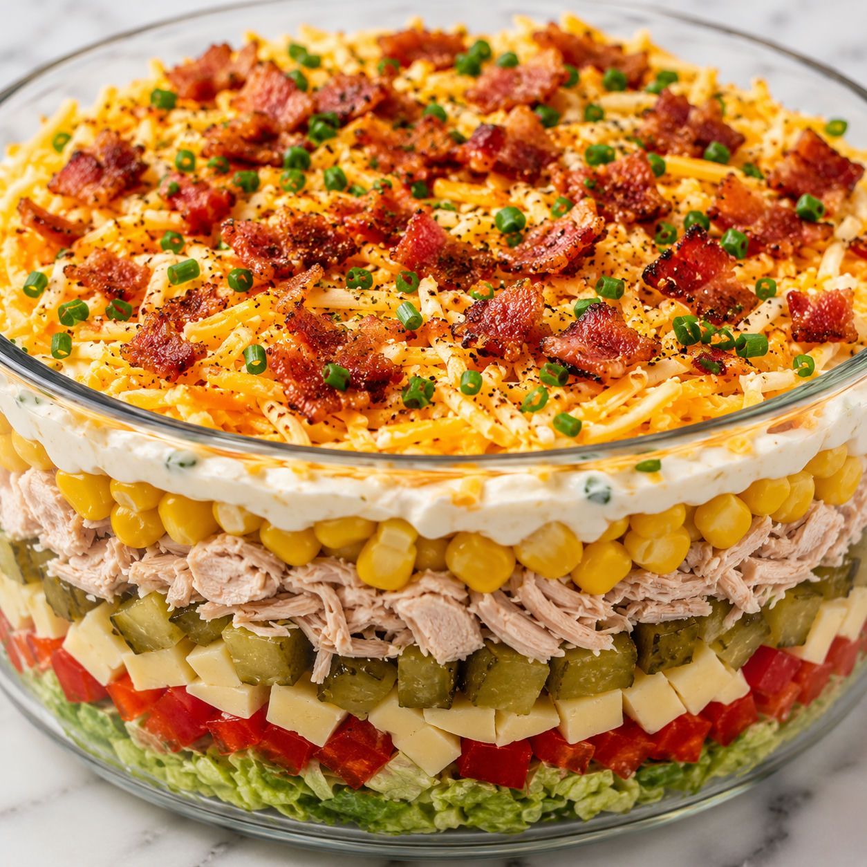 Layered salad with chicken, crispy bacon, cheese and vegetables in a glass bowl