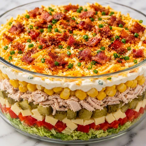 Layered salad with chicken, crispy bacon, cheese and vegetables in a glass bowl