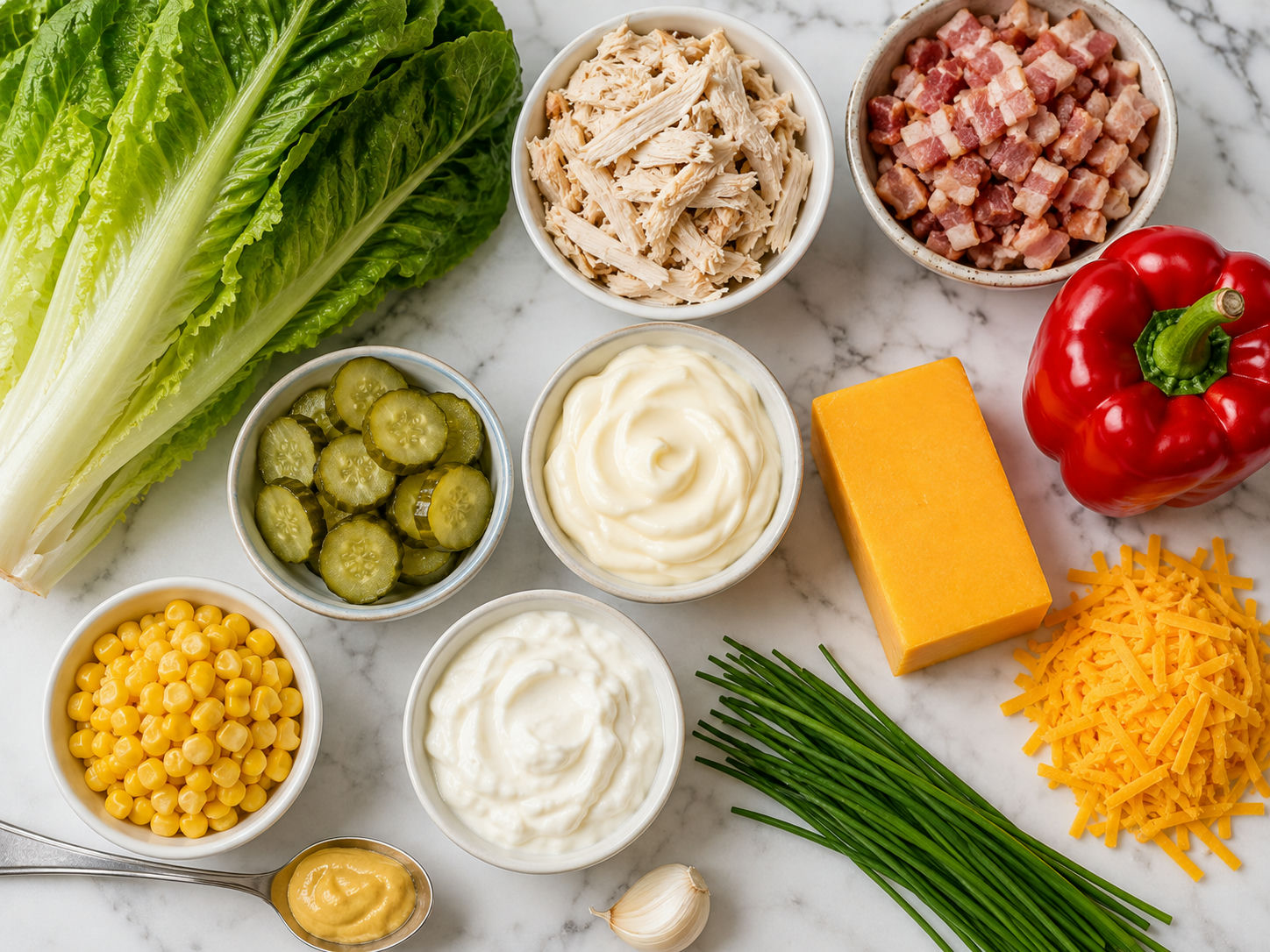 Raw ingredients for a layered chicken and bacon salad on a wooden table