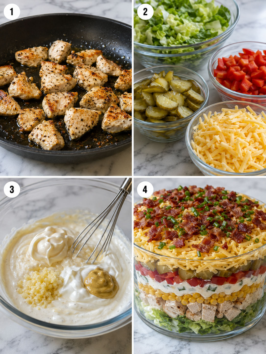 Four steps of making a layered chicken and bacon salad from shredding to layering