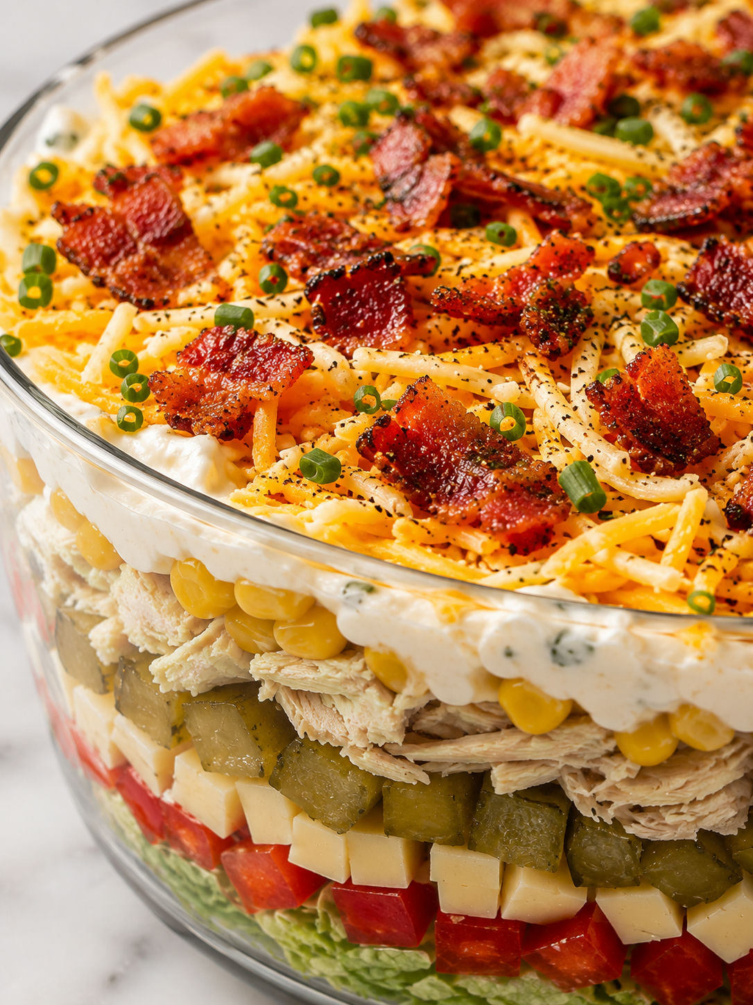 Spoon lifting a portion of layered chicken and bacon salad from a glass bowl